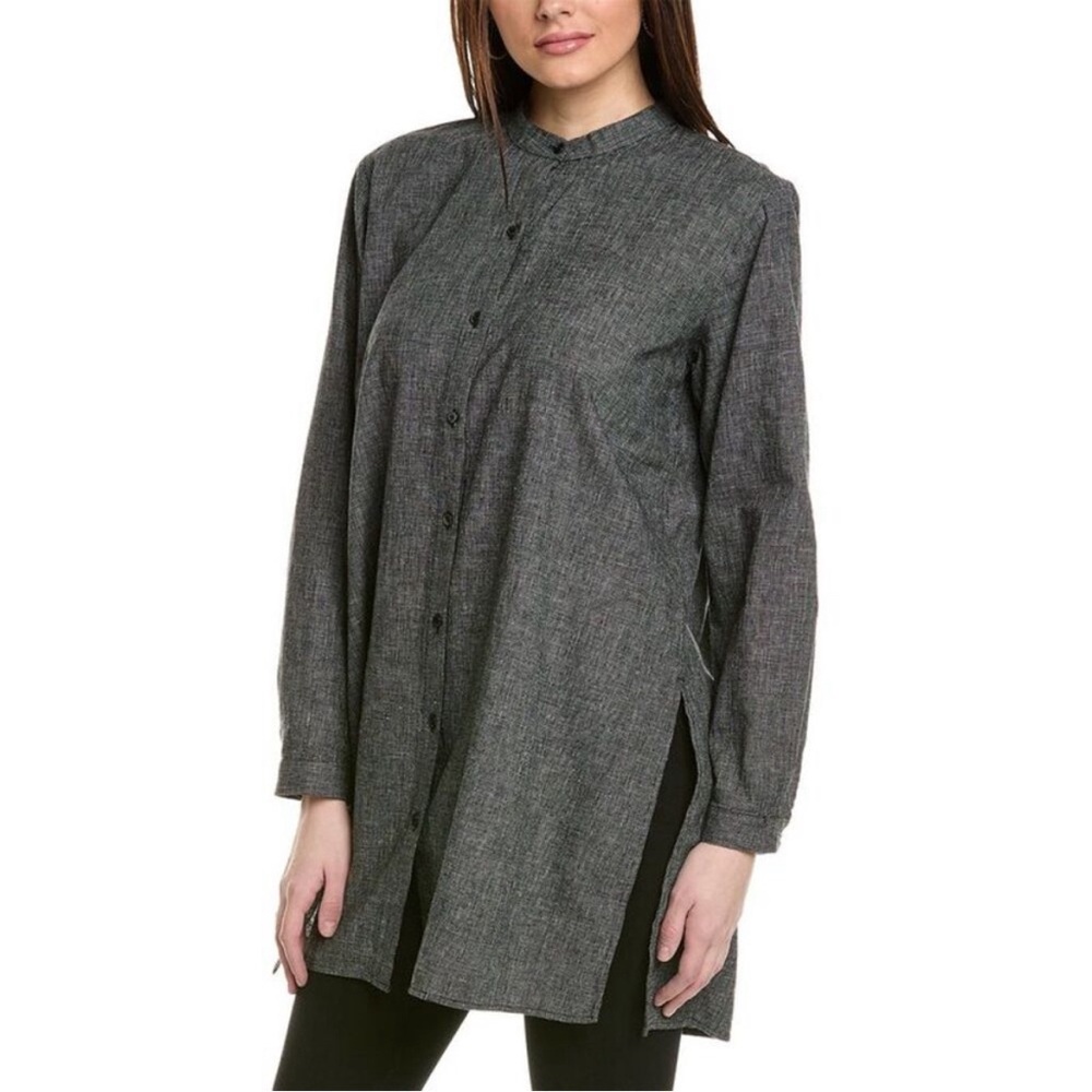 Eileen Fisher - women’s Mandarin Collar Tunic Top hemp/ cotton Gray‎ size XS